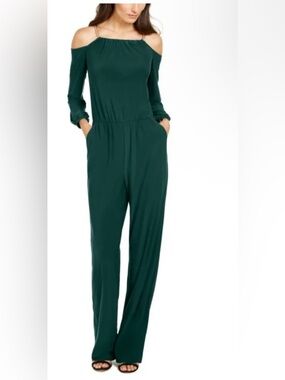 NY Collection Green Jumpsuit Petite Cold Shoulder Chain Strap Wide Leg Pockets